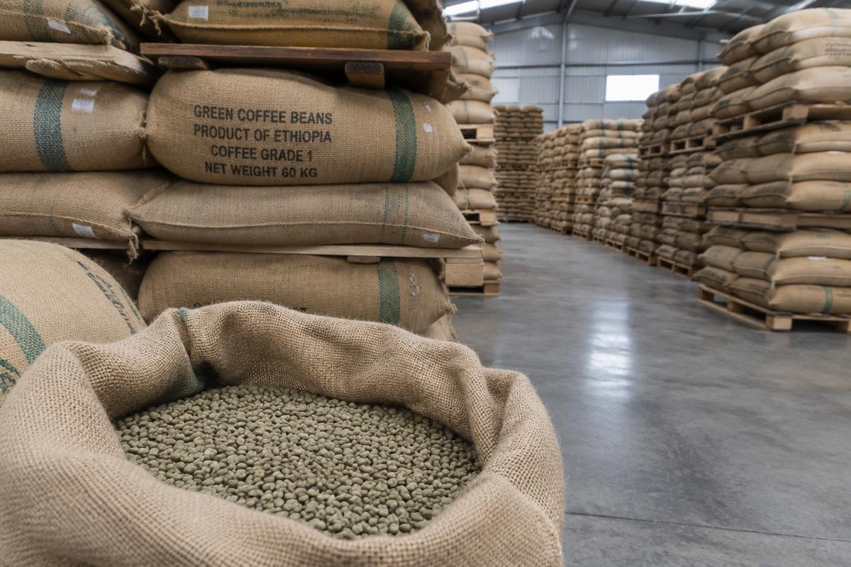 CAFÉ VERDE / CAFÉ BENEFICIADO GRÃO CRU — Armazém de café em sacaria